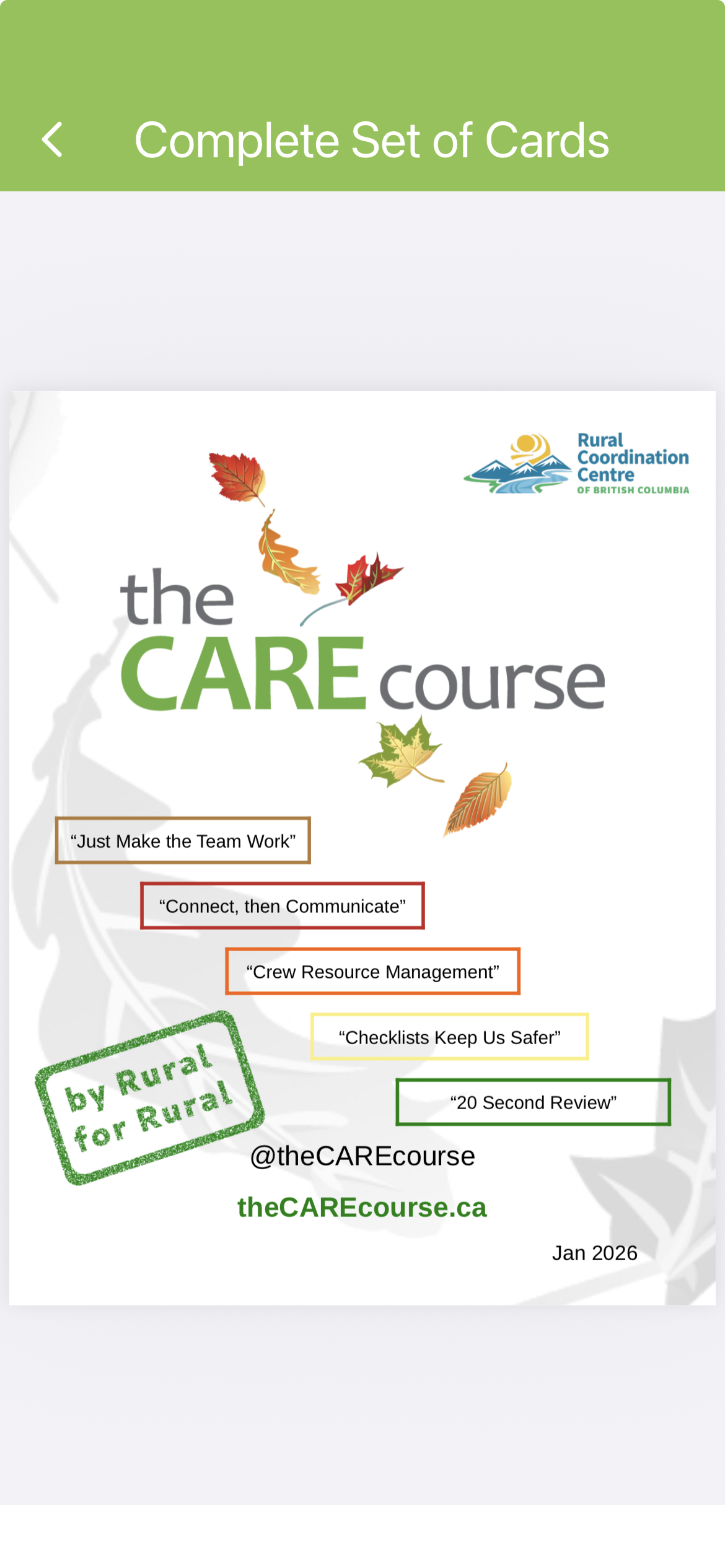 CARE Course Complete Set Card